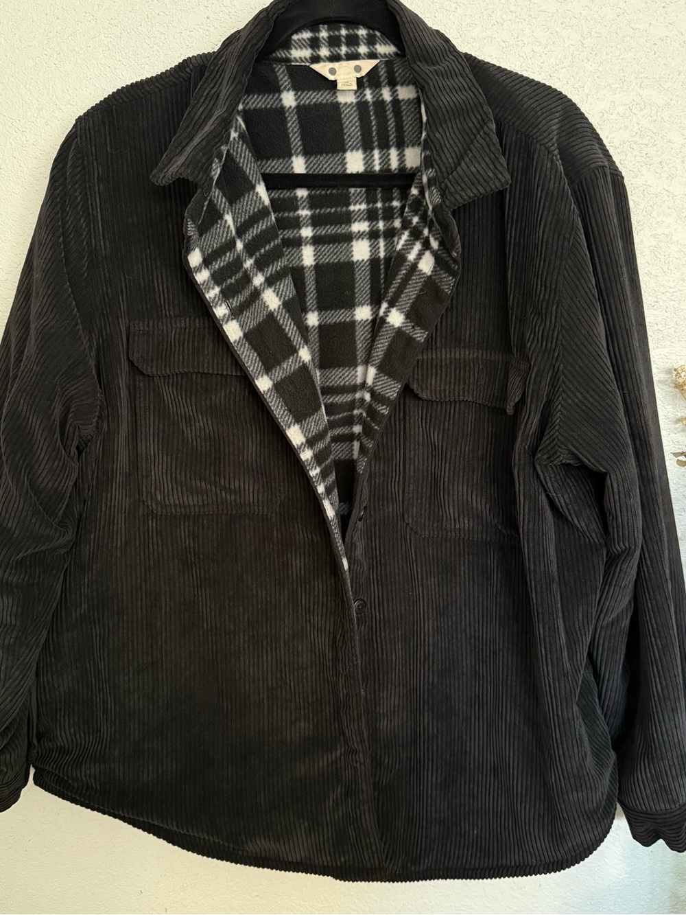 Black Corduroy Button-Up Jacket with Plaid Fleece Lining